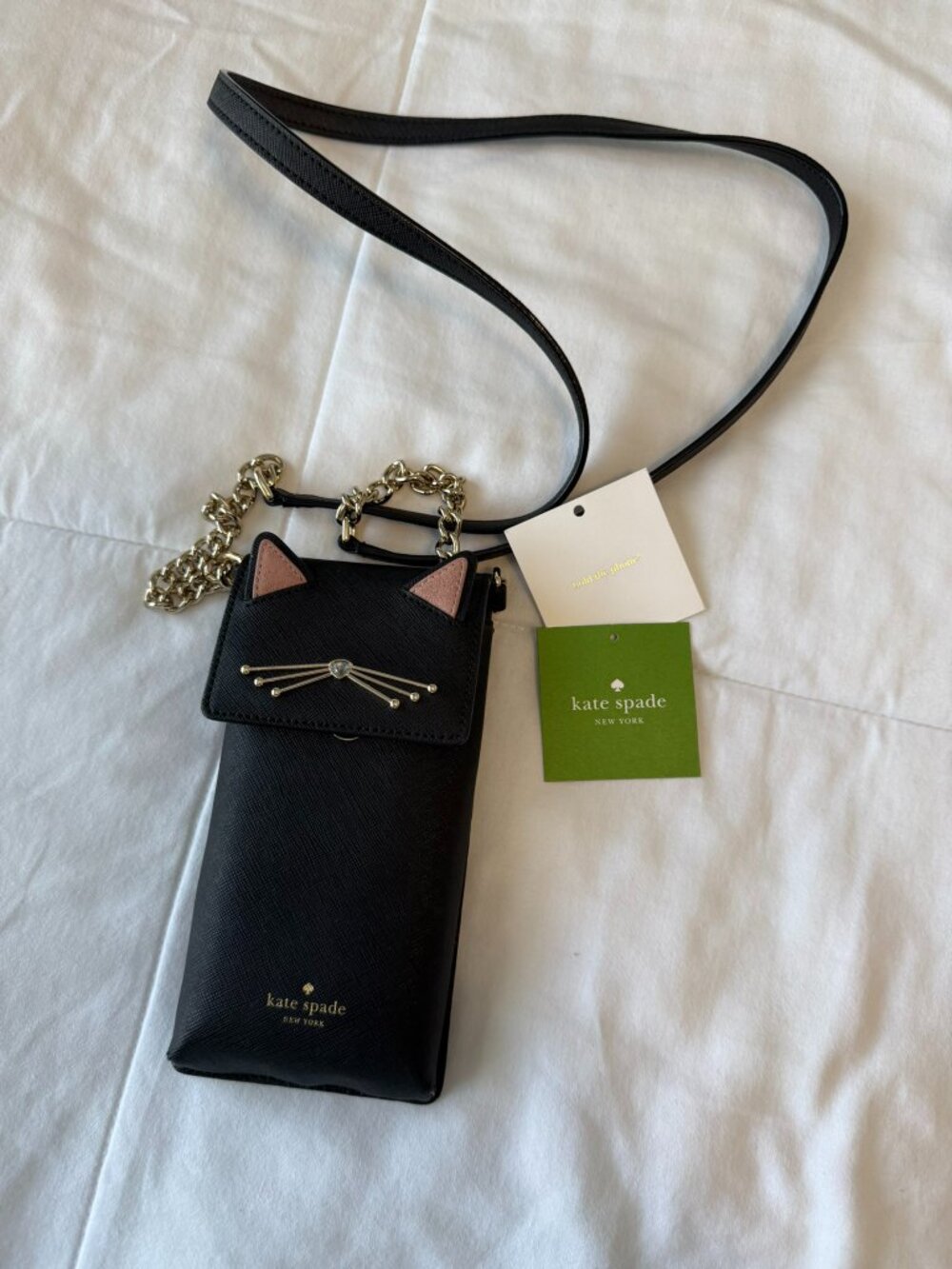 Kate Spade Black Cat Leather Crossbody Phone Bag with Chain-and-Leather Strap - Picture 3 of 12